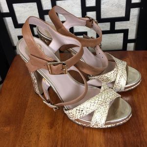Vince Camuto Gold and Beige snake print heels